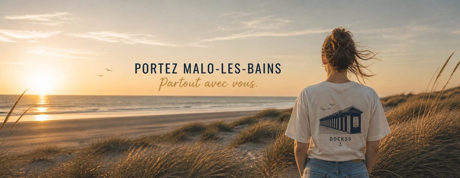 Tee-shirt DOCK59 porté sur les dunes de Malo-les-Bains au coucher du soleil